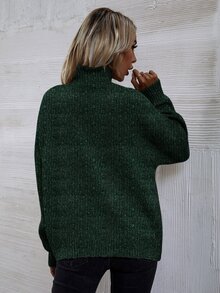 SHEIN LUNE High Neck Drop Shoulder Jumper - Dark Green - View 3
