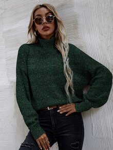 SHEIN LUNE High Neck Drop Shoulder Jumper - Dark Green - View 4