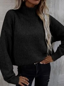 SHEIN LUNE High Neck Drop Shoulder Jumper - Black - View 2