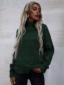 SHEIN LUNE High Neck Drop Shoulder Jumper - Dark Green - View 5