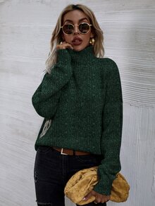SHEIN LUNE High Neck Drop Shoulder Jumper - Dark Green - View 6