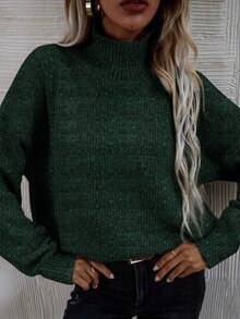 SHEIN LUNE High Neck Drop Shoulder Jumper - Dark Green - View 7