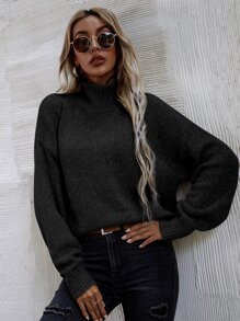 SHEIN LUNE High Neck Drop Shoulder Jumper - Black - View 4