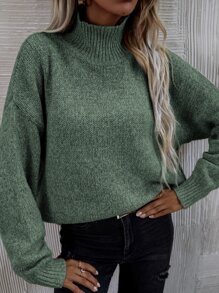 SHEIN LUNE Jersey de cuello cisne de hombros caídos - Verde - Ver 2