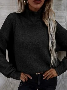 SHEIN LUNE High Neck Drop Shoulder Jumper - Black - View 7