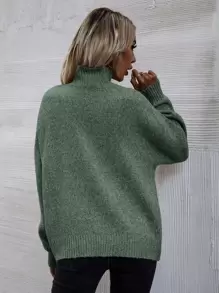 SHEIN LUNE Jersey de cuello cisne de hombros caídos - Verde - Ver 3