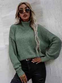 SHEIN LUNE Jersey de cuello cisne de hombros caídos - Verde - Ver 4