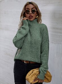 SHEIN LUNE Jersey de cuello cisne de hombros caídos - Verde - Ver 5