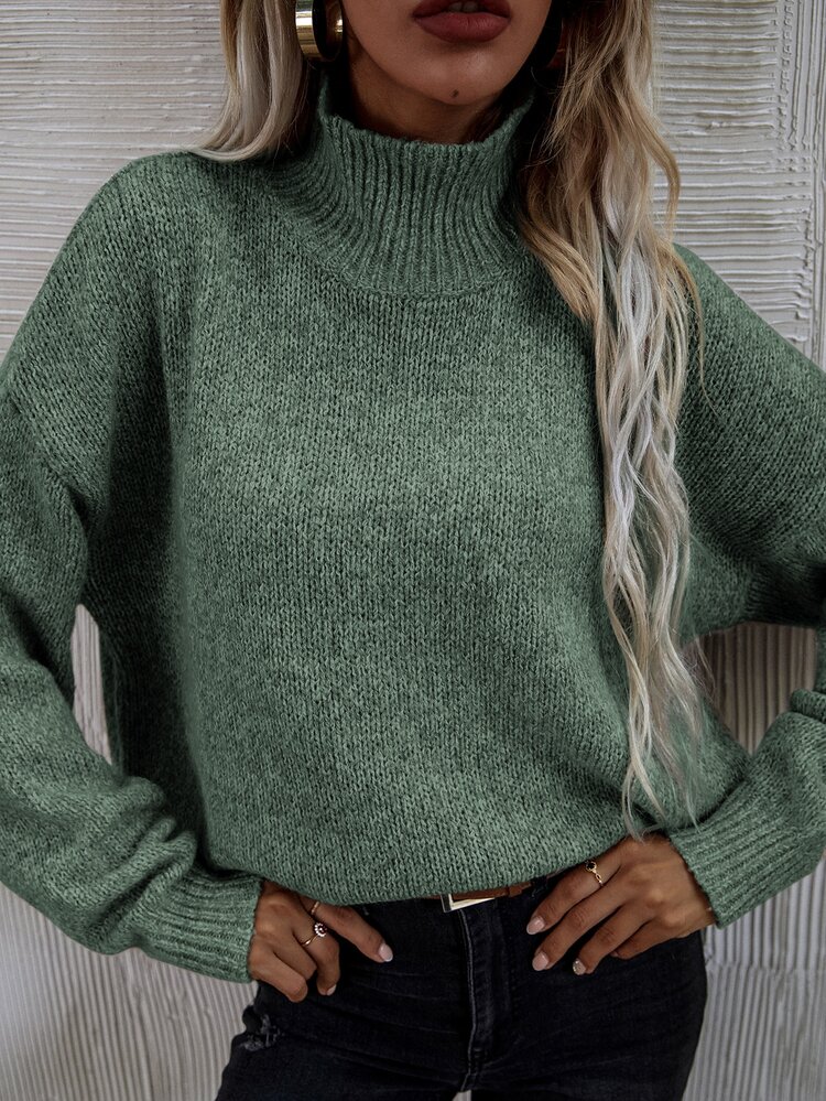 SHEIN LUNE High Neck Drop Shoulder Sweater - Green - View 6