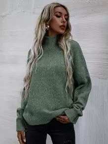 SHEIN LUNE Jersey de cuello cisne de hombros caídos - Verde - Ver 7