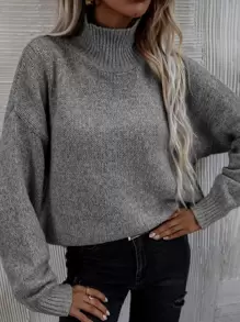 SHEIN LUNE High Neck Drop Shoulder Sweater - Grey - View 2