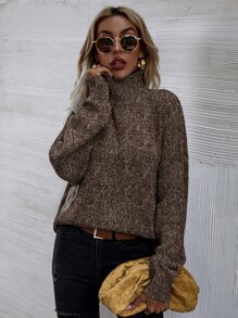 SHEIN LUNE High Neck Drop Shoulder Jumper - Coffee Brown - View 5