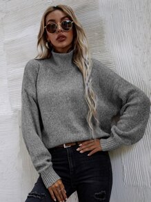 SHEIN LUNE High Neck Drop Shoulder Sweater - Grey - View 4