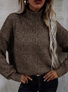 SHEIN LUNE High Neck Drop Shoulder Jumper - Coffee Brown - View 6