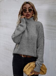 SHEIN LUNE High Neck Drop Shoulder Sweater - Grey - View 5