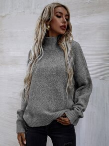 SHEIN LUNE High Neck Drop Shoulder Sweater - Grey - View 6