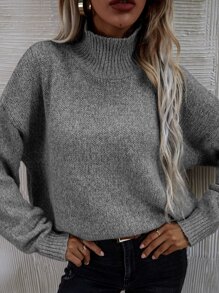 SHEIN LUNE High Neck Drop Shoulder Sweater - Grey - View 7