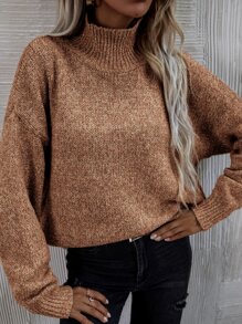 SHEIN LUNE High Neck Drop Shoulder Jumper - Camel - View 2