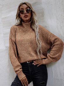 SHEIN LUNE High Neck Drop Shoulder Jumper - Camel - View 4