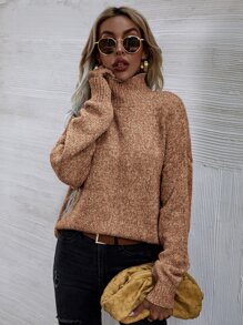 SHEIN LUNE High Neck Drop Shoulder Jumper - Camel - View 5