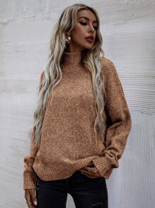 SHEIN LUNE High Neck Drop Shoulder Jumper - Camel - View 7