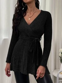 SHEIN Essnce Jersey de cuello cruzado tejido de canalé con cinturón - Negro - Ver 4