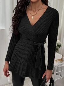 SHEIN Essnce Jersey de cuello cruzado tejido de canalé con cinturón - Negro - Ver 5