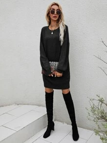 SHEIN LUNE Drop Shoulder Solid Jumper Dress - Black - View 5