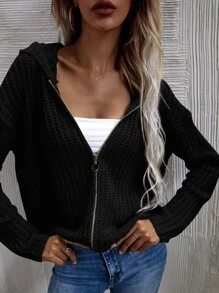 SHEIN LUNE Hooded Zip Front Cardigan - Black - View 1