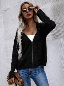 SHEIN LUNE Hooded Zip Front Cardigan - Black - View 3