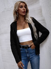SHEIN LUNE Hooded Zip Front Cardigan - Black - View 5