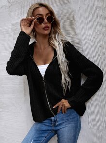 SHEIN LUNE Hooded Zip Front Cardigan - Black - View 6