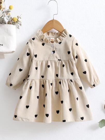 Baby Girl Heart Print Frilled Neck Corduroy Dress