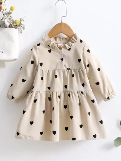 Baby Girl Heart Print Frilled Neck Corduroy Dress