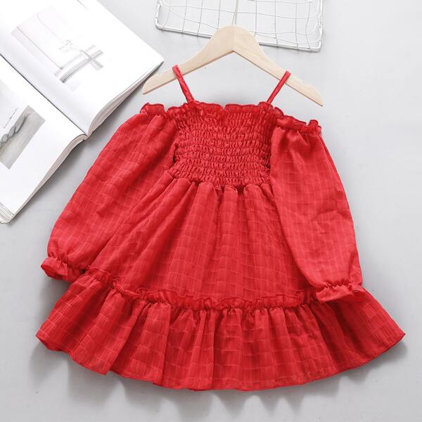 

Girls Cold Shoulder Shirred Frill Trim Dress, Red