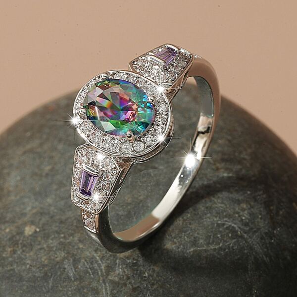 

Oval Zircon Decor Ring, Silver