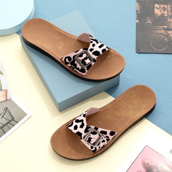 

Buckle Decor Leopard Pattern Flat Sandals, Multicolor