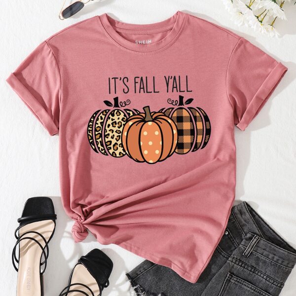 

Slogan & Pumpkin Print Tee, Dusty pink