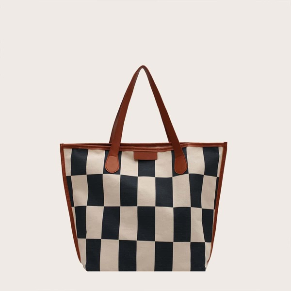

Plaid Pattern Shoulder Tote Bag, Black and white