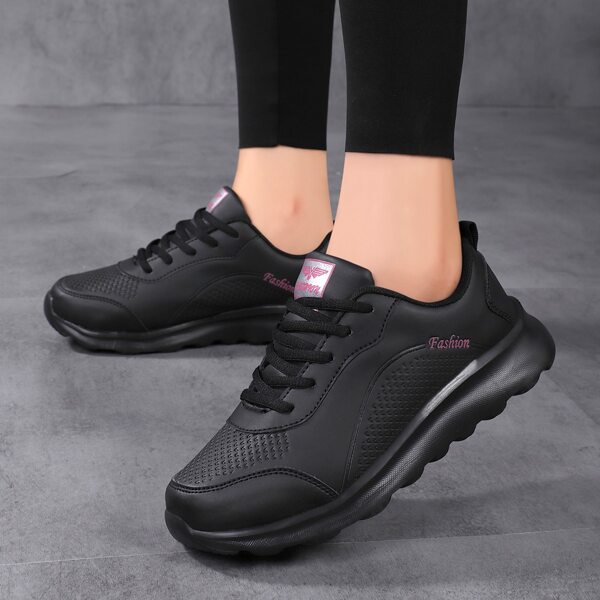 

Letter Patch Lace-Up Front Sneakers, Black