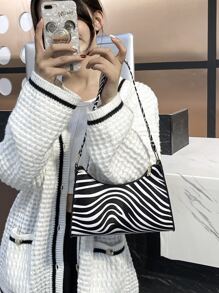 Bolso De Hombro Con Estampado De Cebra Para Mujer, Bolso Con Asa Superior, Bolso De Viaje, Cartera De Mano Con Cadena, Ligero, Informal, De Negocios, Con Patrón De Rayas De Cebra, Bolso Baguette Para Adolescentes, Mujeres, Estudiantes Universitarias, Novatos Y Trabajadores De Cuello Blanco, Perfecto Para La Oficina, La Universidad, El Trabajo, Los Negocios, Los Desplazamientos. Aire Libre, Viajes, Salidas - Blanco y Negro - Ver 2