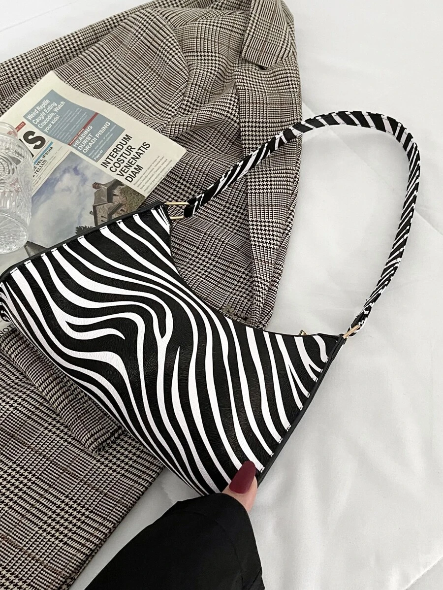 Bolso De Hombro Con Estampado De Cebra Para Mujer, Bolso Con Asa Superior, Bolso De Viaje, Cartera De Mano Con Cadena, Ligero, Informal, De Negocios, Con Patrón De Rayas De Cebra, Bolso Baguette Para Adolescentes, Mujeres, Estudiantes Universitarias, Novatos Y Trabajadores De Cuello Blanco, Perfecto Para La Oficina, La Universidad, El Trabajo, Los Negocios, Los Desplazamientos. Aire Libre, Viajes, Salidas - Blanco y Negro - Ver 1