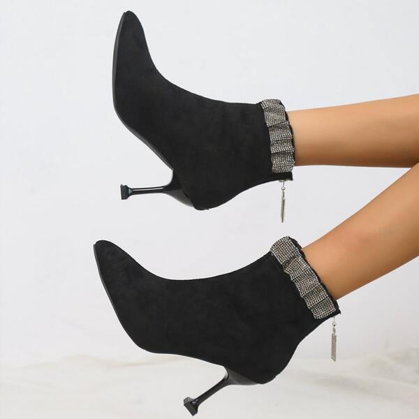 

Rhinestone Decor Back Zip Pyramid Boots, Black