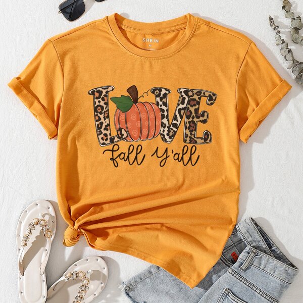 

Pumpkin And Slogan Graphic Tee, Mustard yellow
