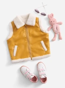 SHEIN Toddler Girl Jackets Dây kéo Khối Màu Giải trí - Màu Mù tạt vàng - Xem 1