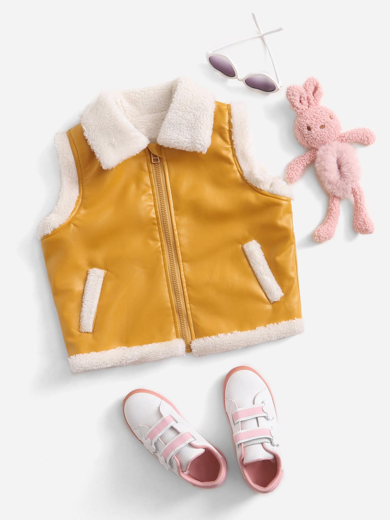 SHEIN Toddler Girl Jackets Dây kéo Khối Màu Giải trí - Màu Mù tạt vàng - Xem 1