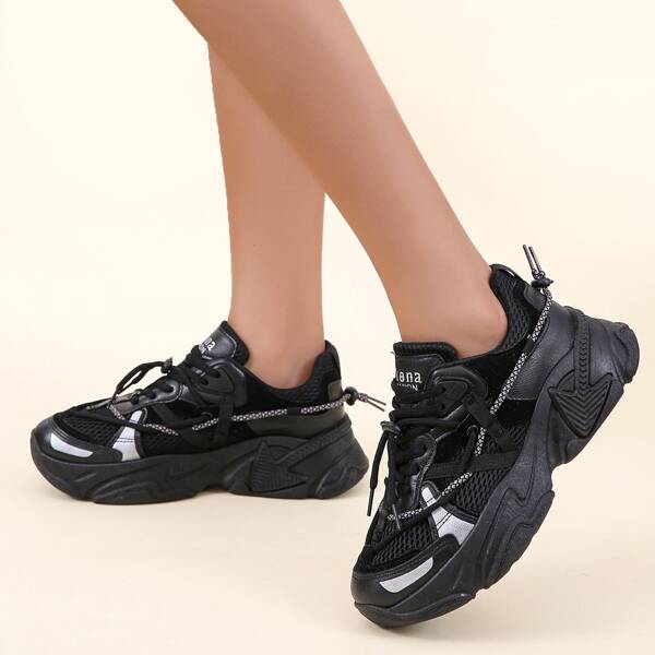 

String Decor Mesh Panel Chunky Sneakers, Black