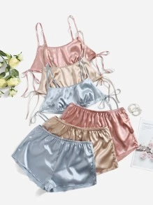 3pcs Tie Side Satin Cami PJ Set / Pajama Set - Multicolor - View 1