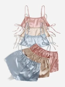 3pcs Tie Side Satin Cami PJ Set / Pajama Set - Multicolor - View 2