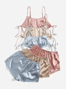 3pcs Tie Side Satin Cami PJ Set / Pajama Set - Multicolor - View 3